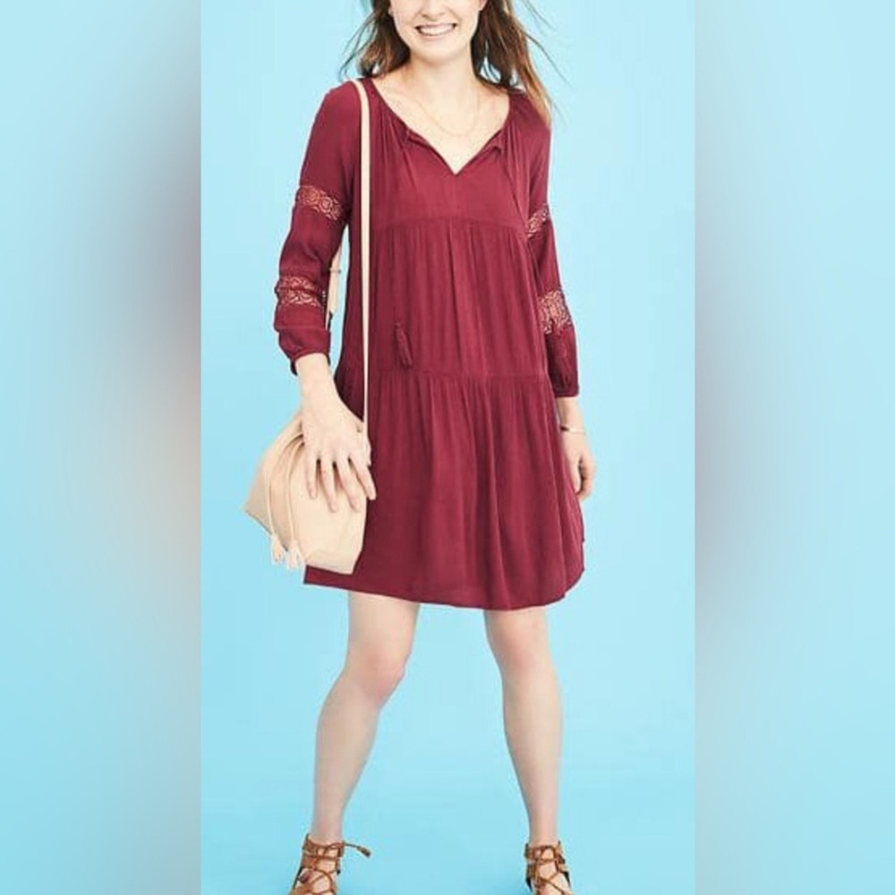 Old Navy Womens Burgundy Dress Long Sleeve Lace Detail Tassel Tie Size L
